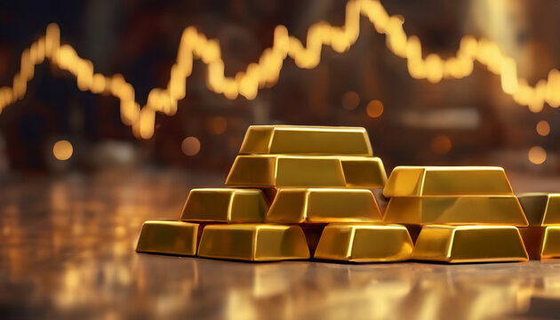 Stacks of gold bars against fluctuating financial graph emphasizing wealth, investment, market trends, and economic prosperity symbolism