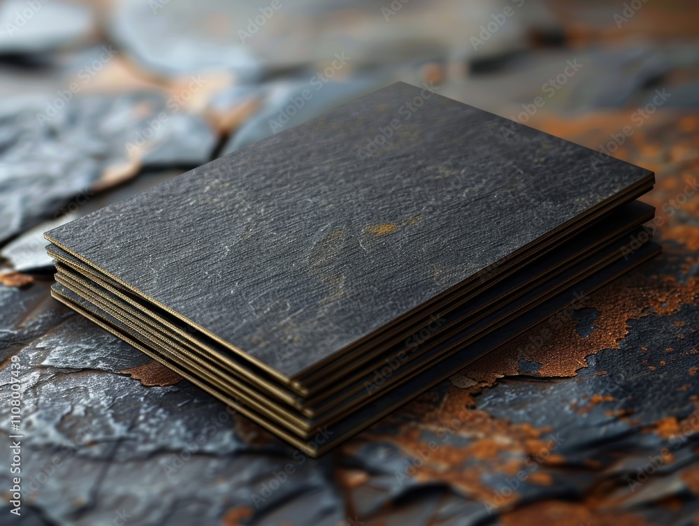 Poster a stack of textured, dark slate-like materials on a rustic surface.