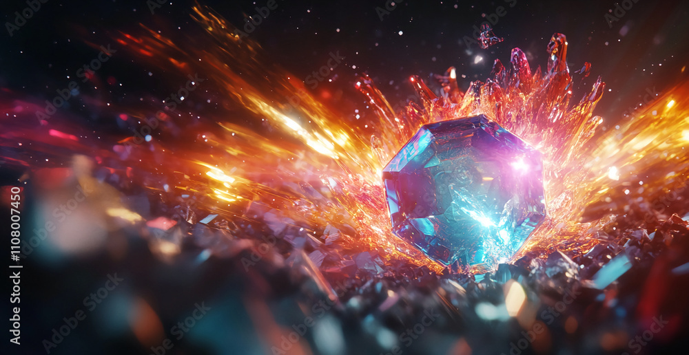 Aufkleber Sparkling crystal explodes in vibrant colors, creating a captivating display of light and fragments