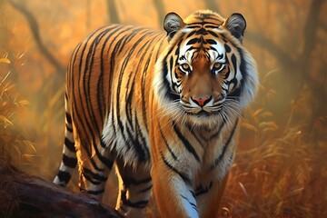 A majestic tiger walks through a serene, autumn forest.