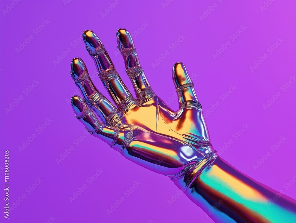 Poster metallic hand stretches on vivid purple backdrop. futuristic design. cyberpunk aesthetic. innovative