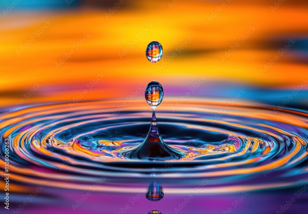 Poster stunning close-up of water drop creating ripples on colorful surface showcasing vibrant reflections 