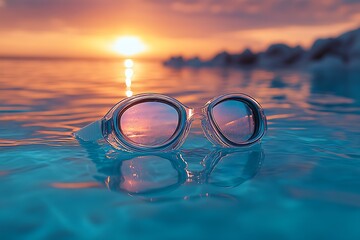 Swimming goggles floating on a calm sea at sunset