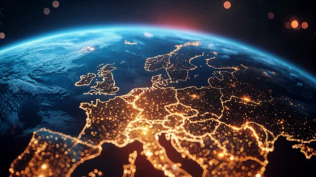 Europe map on digital globe, sunrise over horizon, European Union connectivity, network glowing lights, data transfer