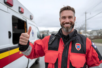 Fototapeta premium EMT stands beside an ambulance, giving a thumbs-up, symbolising confidence, dedication, and readiness to provide emergency medical care in critical situations