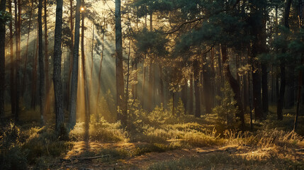 Fototapeta premium A pine forest bathed in sunlight, creating a mystical forest natural background