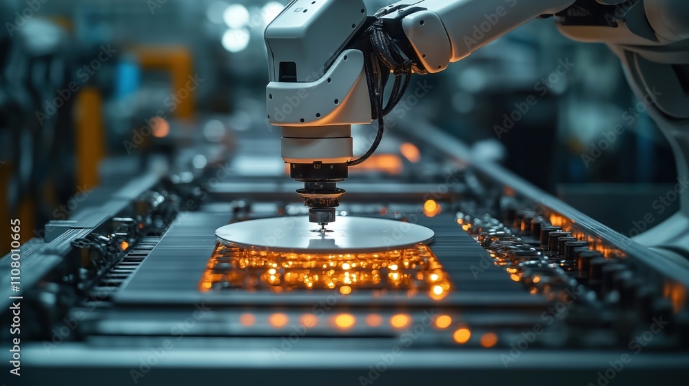 Aufkleber Robotic arm precisely moves silicon wafer on tool table in semiconductor factory. High tech manufacturing process. Automated production line. Wafers constantly move. Precise, fast operations.