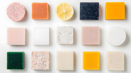 Fototapeta premium Soaps in various shapes and colours, arranged beautifully, showcasing their vibrant hues, unique designs, and artisanal craftsmanship, perfect for adding a touch of elegance to bath essentials