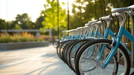 Fototapeta premium Bicycles lined up in a sunlit park during a clear afternoon