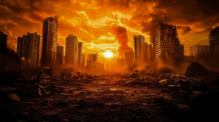 Post-apocalyptic cityscape showing the aftermath of a nuclear attack, with crumbled buildings, scorched earth, and a desolate, smoky atmosphere.