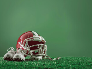 Football gear display helmet and cleats on green turf sports equipment action
