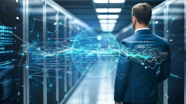 Businessman walking through a data center with futuristic digital overlay of graphs and network. Concept of big data, cloud computing and global network - Powered by Adobe