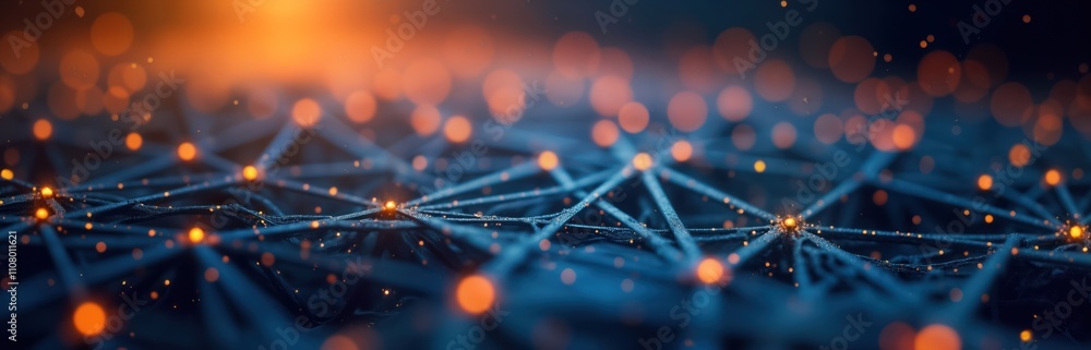 Poster abstract tech background displays network interconnected glowing particles. dark blue web lines inte