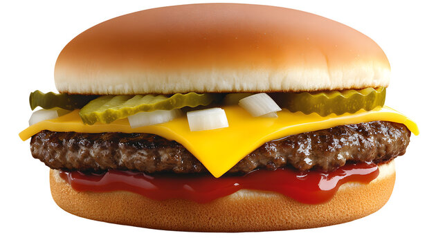 A classic cheeseburger with American cheese, pickles, onions, ketchup, and mustard on a white background