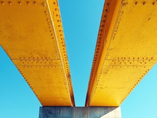 Obraz premium Vibrant Yellow Steel Beams Under a Clear Blue Sky Showcasing Industrial Architecture and Structural Design Elements in a Modern Urban Setting