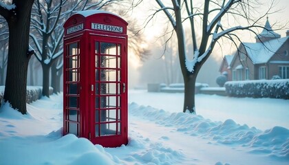 Obraz premium A red telephone booth with a cracked glass panel, surrounded by a snowy, icy environment with bare trees in the background, created with generative ai