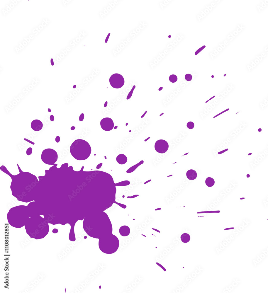 Poster purple paint splashes on white background, creating vibrant abstract design with dynamic energy and 
