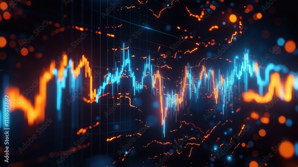 Poster animated financial market graph shows dynamic volatility with vibrant orange, cyan light effects. da
