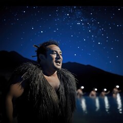 Man in traditional Maori clothing sings under starry night. Maori New Year celebration at hot springs. People relax in geothermal pools. Cultural event outdoors. Night scene. Stars shining above.