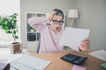Photo of impressed surprised woman dressed pink sweatshirt counting bills indoors house apartment...