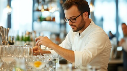 Bartender preparing drinks at a modern bar during evening hours in a vibrant urban setting