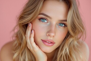 Naklejka premium Close-Up Portrait of a Beautiful Young Woman with Blue Eyes and Blonde Hair against a Pink Background