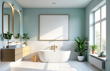Fototapeta premium Modern minimalist bathroom interior mockup. Empty horizontal poster frame placed on pale mint green wall. White subway tiles surround bathtub, vanity. Wooden vanity cabinets complement space. Gold