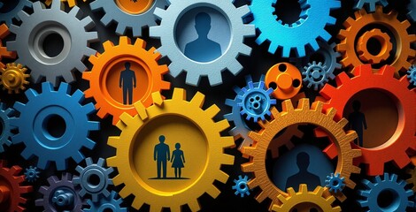 Diverse Teamwork Concept: Colorful Gears with Symbolic Silhouettes Representing Collaboration and Workforce Diversity