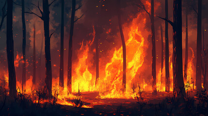 Forest fire blazing in the woods, panoramic view. Infernal. Illustration