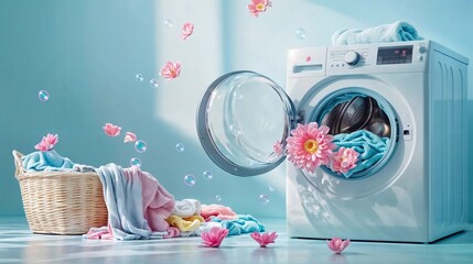 Open door of a washing machine with flower petals and soap bubbles flying out against light blue bathroom background. Laundry, washing and detergents concept. Product shot for poster, advertising 
