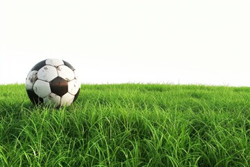 Fototapeta premium Soccer ball on green grass outdoor sports scene nature close-up view football concept