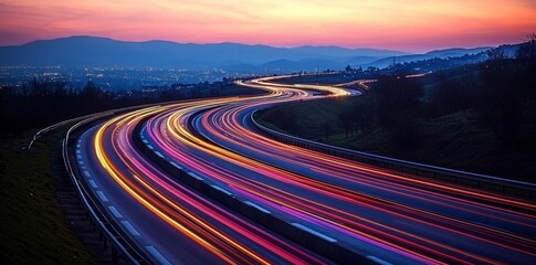 Photo of a highway at night. Neon night highway track with colorful lights and trails , isolated on white background,  , copy space, copy space for text,