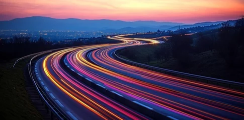 Photo of a highway at night. Neon night highway track with colorful lights and trails , isolated on white background,  , copy space, copy space for text,