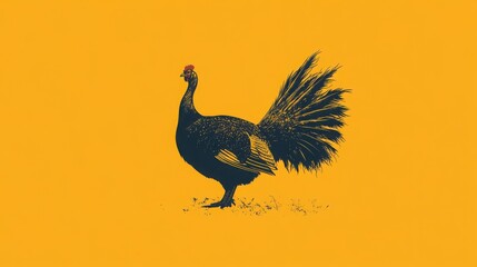 Fototapeta premium A striking illustration of a dark-colored bird against a vibrant yellow backdrop. The bird's plumage and tail feathers are detailed, creating a visually captivating image.