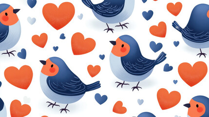 Fototapeta premium Cute seamless pattern featuring lovebirds and hearts, perfect for romantic designs and decorations. vibrant colors create cheerful and playful atmosphere