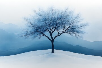 Fototapeta premium A solitary tree stands on a snow-covered hill against a backdrop of blue mountains.