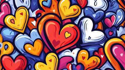 Fototapeta premium Bright seamless pattern of colorful hearts in various shapes and sizes, perfect for expressing love and affection. This vibrant design adds cheerful touch to any project