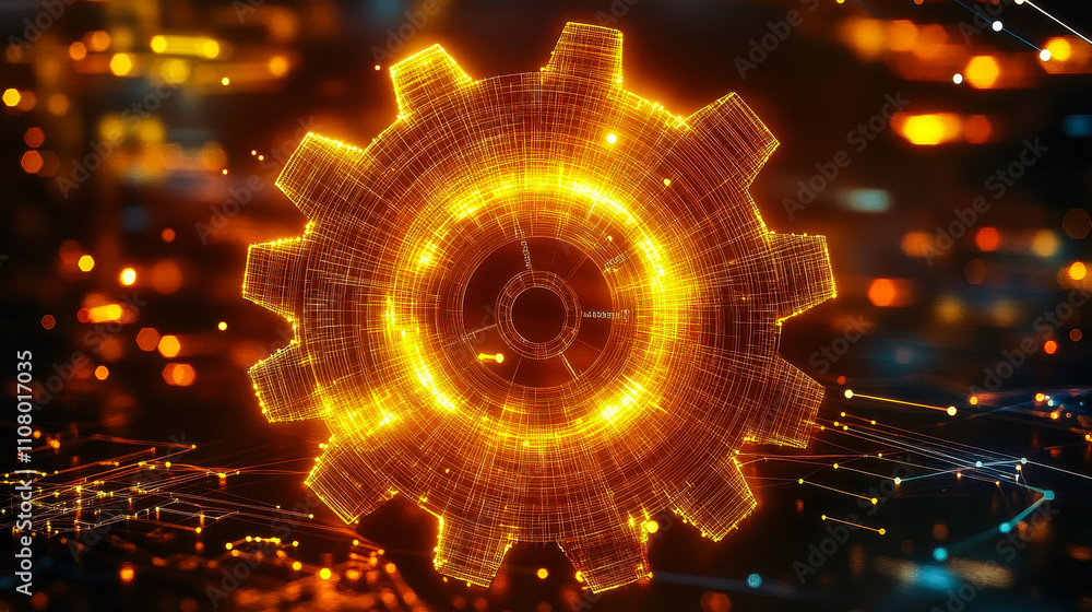 Poster digital gear with data streams symbolizing ai system optimization and automation