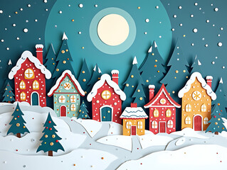 winter christmas houses composition in paper cut style merry