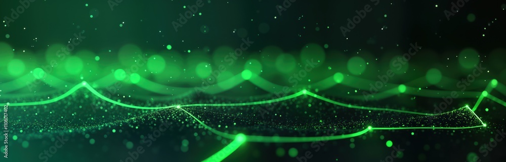 Fototapete Dynamic glowing green lines, particles create futuristic tech background. Abstract design with modern tech concept. Neon green lines flow across dark surface dotted with particles. Stylish visual for