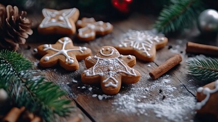 Festive Gingerbread Cookies on a Rustic Wooden Table Holiday Baking & Comfort Foods ,Winter seasson, Happy New Year, Happy christmass