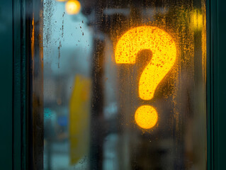 glowing question mark on steammy window creates mysterious atmosphere. condensation adds depth, enhancing visual intrigue of scene