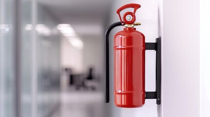 A red fire extinguisher mounted on a wall in a modern office space, symbolizing safety and fire prevention.