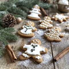 Festive Gingerbread Cookies on a Rustic Wooden Table Holiday Baking & Comfort Foods ,Winter seasson, Happy New Year, Happy christmass