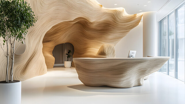 Elegant Sculptural Sandstone Reception Desk in a Bright and Inviting Interior with Pristine White Floor