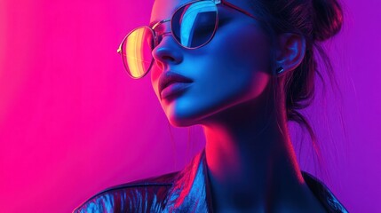 Obraz premium A Stylish Woman in a Cyber ​​Neon Atmosphere.