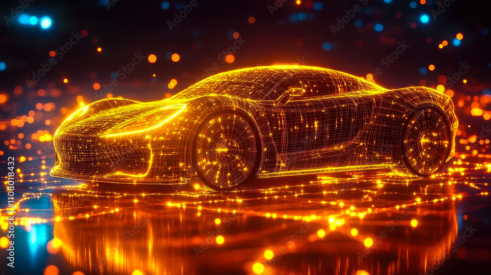 Poster digital gold self-driving car with glowing data stream in autonomous vehicle technology visualizatio
