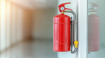 Obraz premium A bright red fire extinguisher mounted on a wall in a modern, well-lit hallway, emphasizing safety and fire prevention.