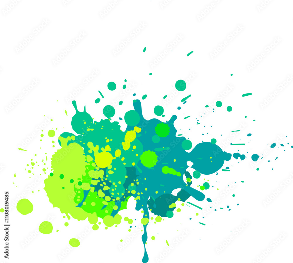 Poster green and yellow paint is splashing on a white background, creating an abstract and vibrant design w