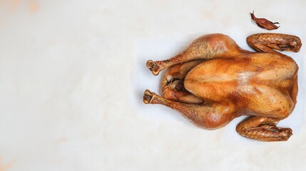 Fototapeta premium Roasted turkey on a white background. The golden-brown skin and crispy texture are highlighted.